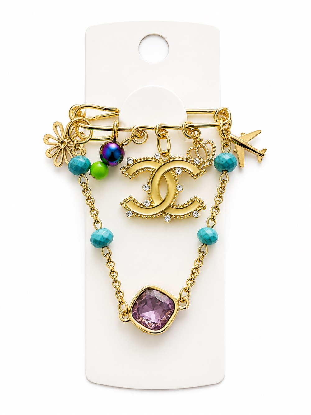 Mint Gold-Tone Brooch with Yellow CC Charm and Turquoise Beads